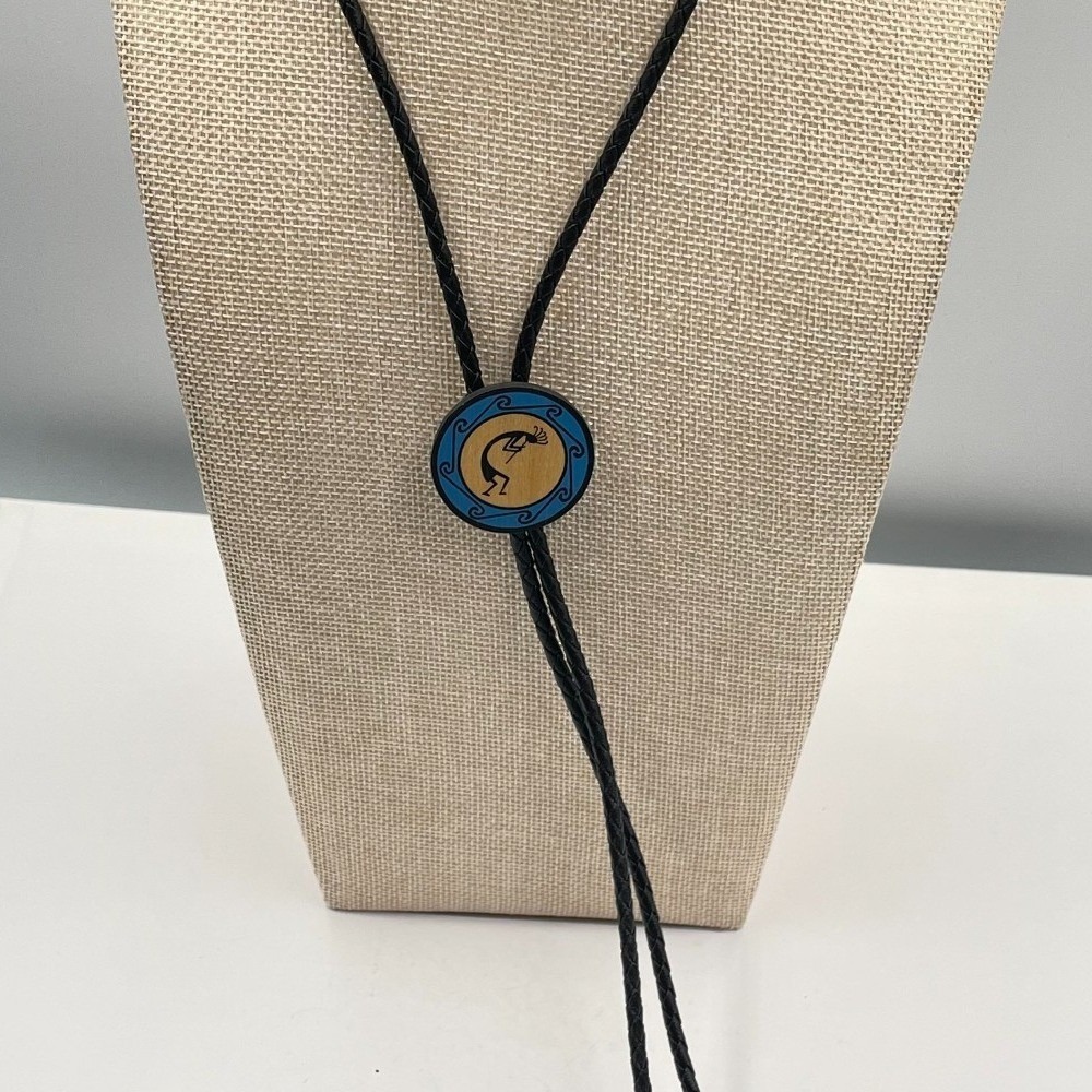 Kokopelli Bolo Tie Southwestern Wood Inlay Pendant‎ Braided Leather Cord Western